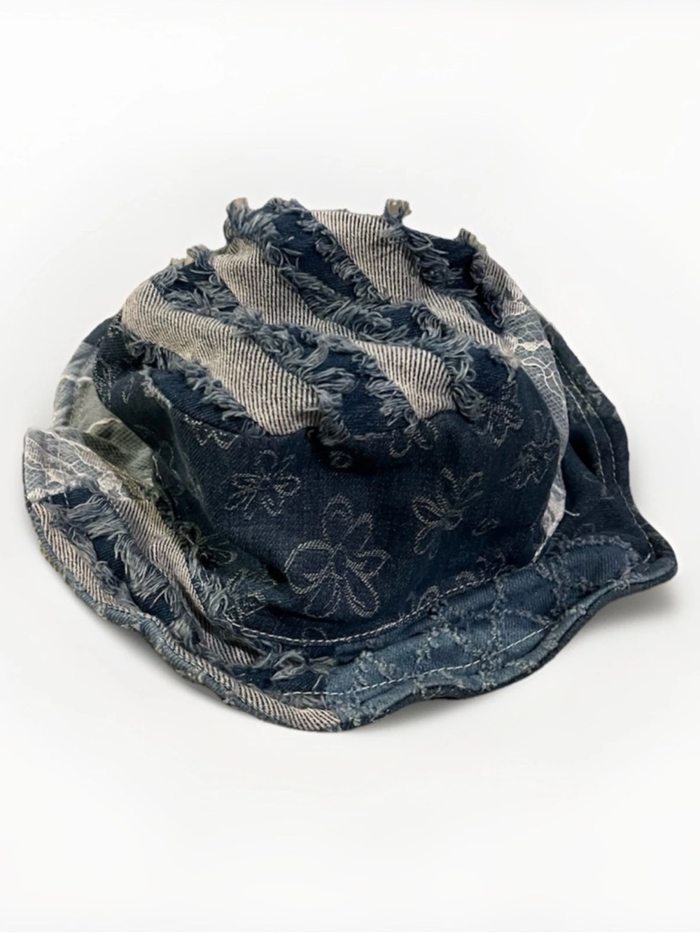 Free People Women’s Bucket Hat Blue Denim Floral Fringe One Size Casual Travel